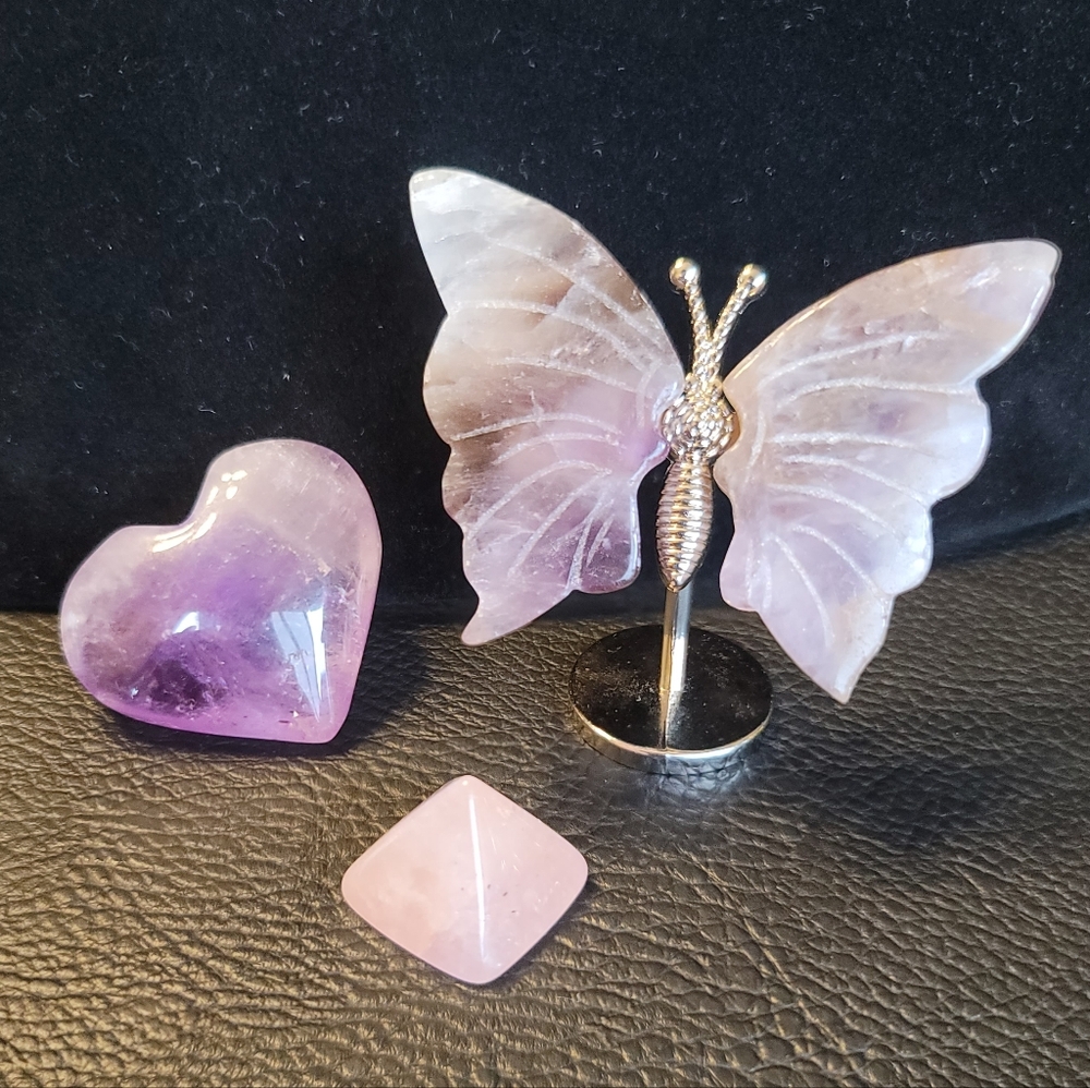 Set Of 3: Amethyst Butterfly, Ametrine Heart, & Rose Quartz Pyramid